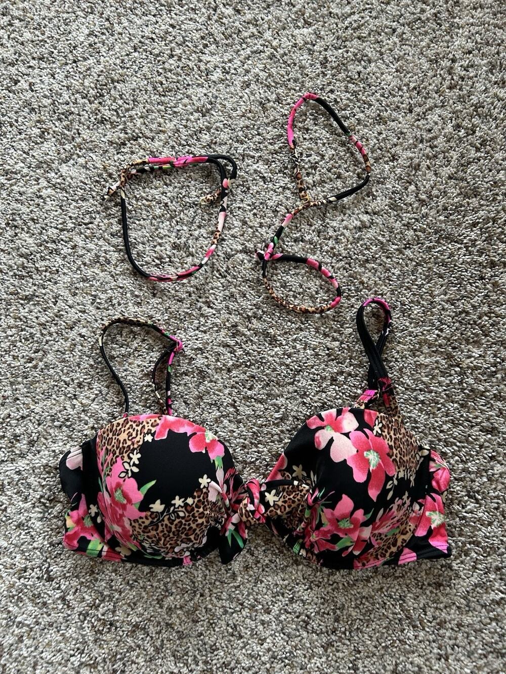 Victoria’s Secret 34D BIKINI Swim Top Push Up Floral Black Pink Leopard NICE B26